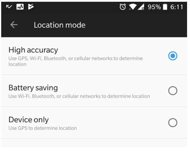 OS lets users choose between high accuracy and battery saving when enabling location