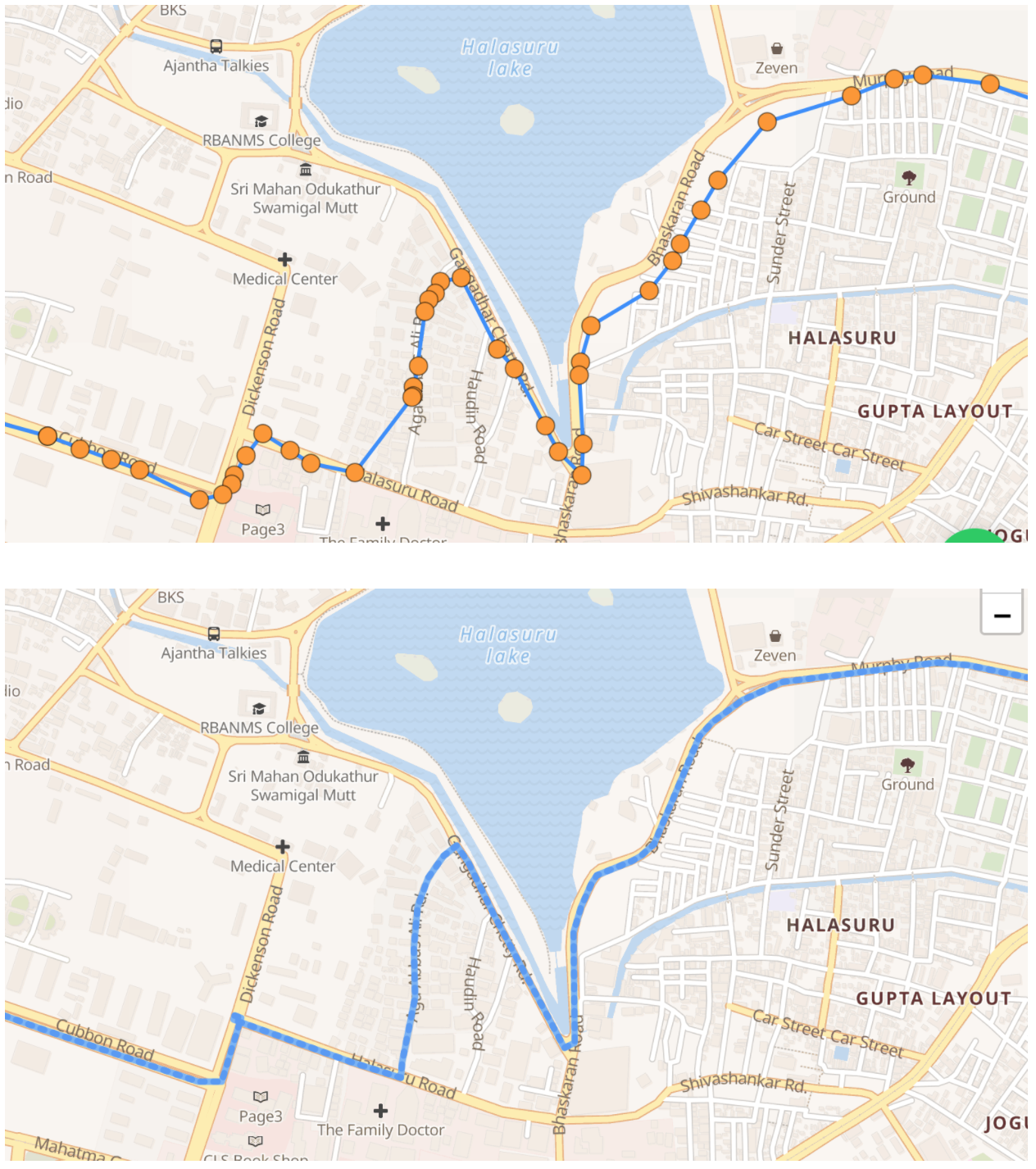 Location points are mapped to road and user's actual path is predicted based on the assumption that they were driving