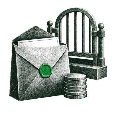 A sealed pay envelope beside a stack of coins