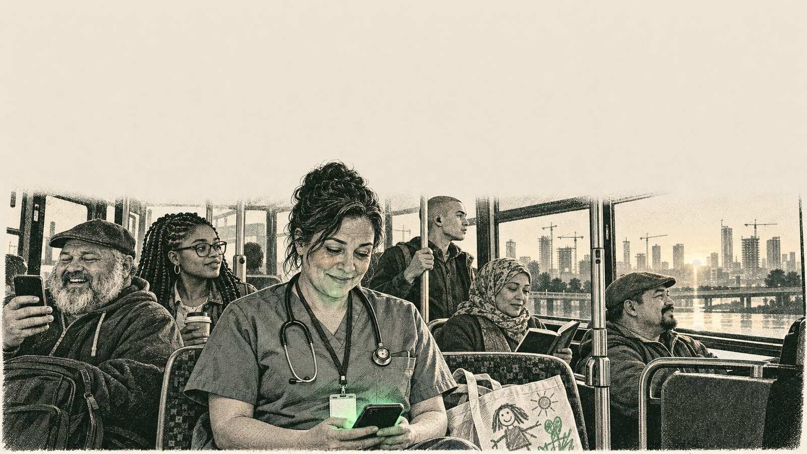 A home-care nurse on a morning bus into a growing city, smiling at a green check on her phone, a hi-vis crew laughing behind her